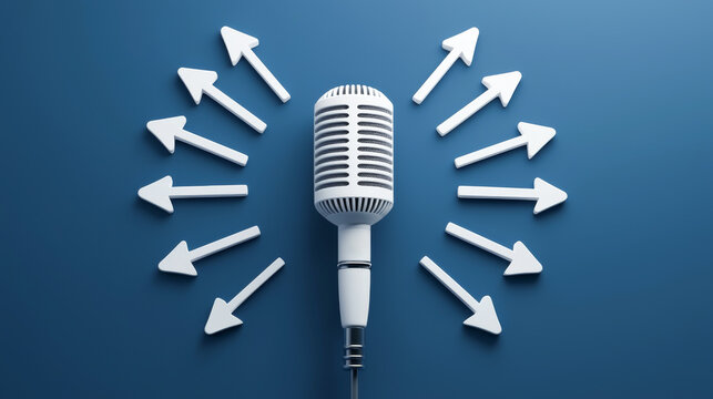 A microphone surrounded by directional arrows representing communication and expression.