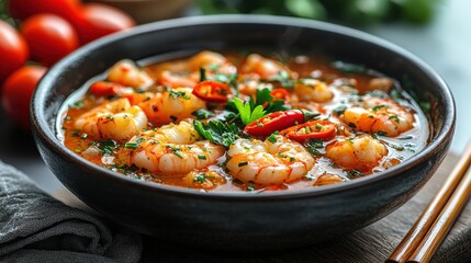 Delicious spicy shrimp soup garnished with fresh herbs, red chili, and parsley, served in a black bowl, perfect for a flavorful meal.