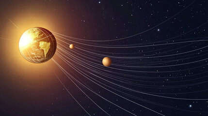 Fototapeta premium Earth axis diagram illustration showing the tilt of the Earth's rotational axis relative to its orbital plane, explaining the cause of seasonal changes and the distribution of sunlight.