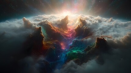 Colorful nebula cloudscape above planet.