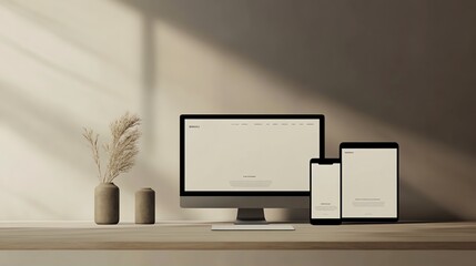Responsive website landing page mockup displayed on a desktop, tablet, and smartphone with a clean, minimalist background to highlight the design


