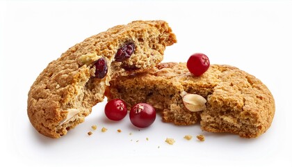 Healthy broken biscuit with whole wheat, oatmeal, cranberry, and hazelnut pieces, ideal for snack product ads and bakery packaging