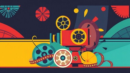 Colorful poster with a stylized illustration of a movie camera and film reels surrounded by art deco patterns and geometric shapes, classic movie reels, 1920s 30s style
