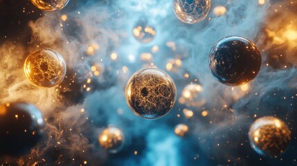 Naklejka premium A visual representation of abstract spheres amidst colorful smoke and particles.
