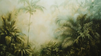 Tropical Serenity Lush Jungle Paradise with Muted Greens and Soft Lighting Symmetrical Botanical Landscape with Serene Atmosphere Ideal for Wall Art, Nature Websites