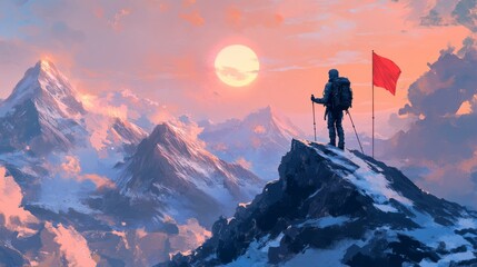 Fototapeta premium Tranquil Achievement Lone Figure Embracing Sunset on Mountain Peak - Serene Nature Landscape with Red Flag, Adventure Concept Art for Print, Poster, or Website