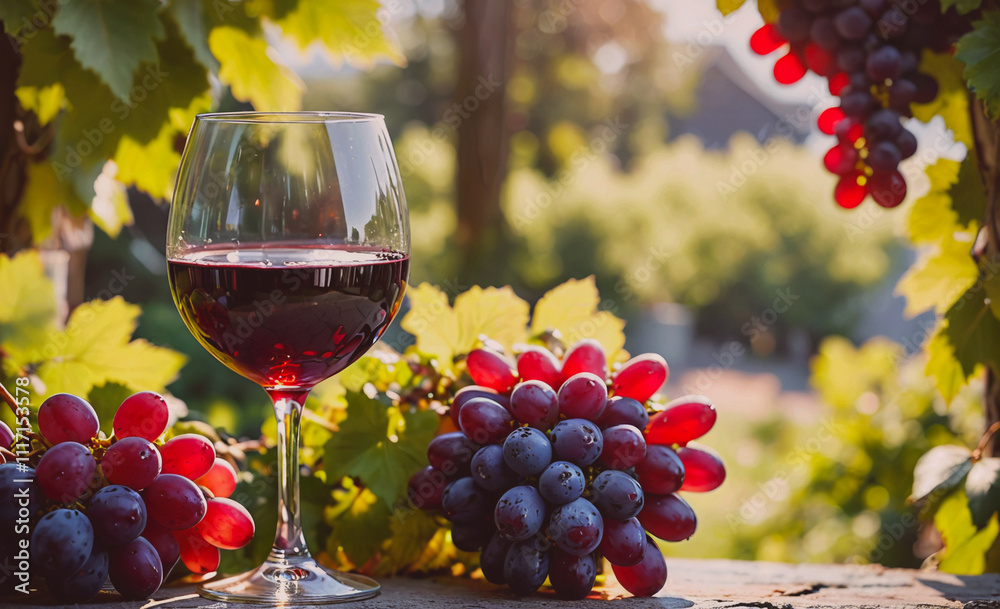 Poster a glass of red wine is poured into a wine glass next to a bunch of grapes. the scene is set in a vin