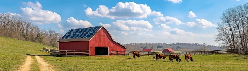 Obraz premium Serene Countryside Landscape with Red Barn and Solar Panels