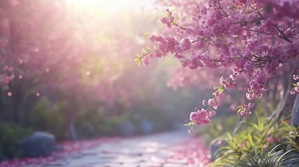 Sakura Cherry Blossoms in Full Bloom Along a Garden Pathway