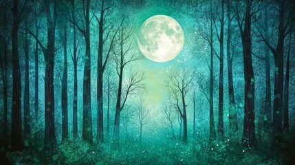 Mystical Moonlit Forest Enchanting Teal Woods Under Full Moon, Ethereal Glow, Surreal Digital Art - Fantasy Nature Wallpaper and Book Cover