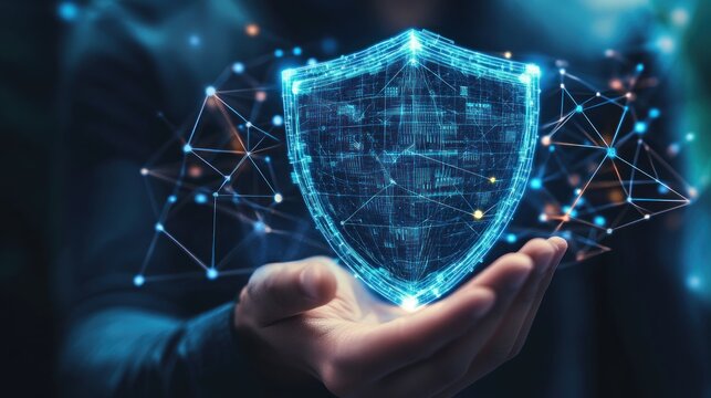 A glowing digital shield held in a hand, symbolizing cybersecurity and protection.