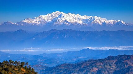 Fototapeta premium Majestic Snow-Capped Mountain Range in Panoramic View Serene Alpine Beauty with Layers of Blue and Purple Hills Grand Scenery of Nature's Splendor Ideal for Travel Brochures,