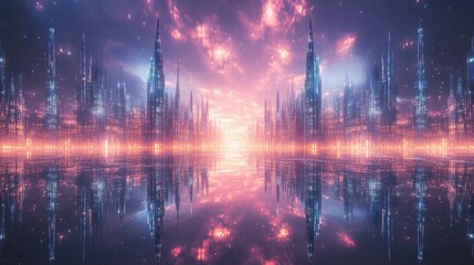 Fototapeta premium Futuristic Cityscape Reflection in Calm Waters Symmetrical Skyscrapers at Twilight - Digital Art Fantasy Landscape for Sci-Fi Concepts and Album Covers