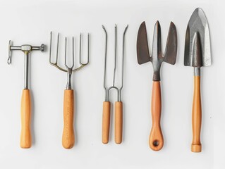 A collection of five gardening tools with wooden handles, including a cultivator, hand fork,...