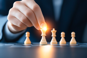 A person strategically moves a chess piece on a board during a competitive game.