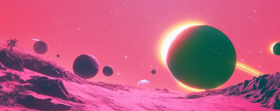 Exploring Alien Realms Surreal Planet Landscape with Pink Sky and Celestial Bodies - Serene, Otherworldly Digital Art for Sci-Fi Concepts