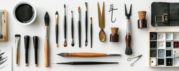 A top-down arrangement of various art tools, including brushes, scissors, and containers, showcasing a creative workspace.