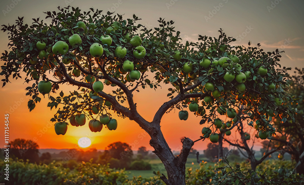 Poster a tree with many apples on it is silhouetted against a sunset. the sky is orange and the sun is sett