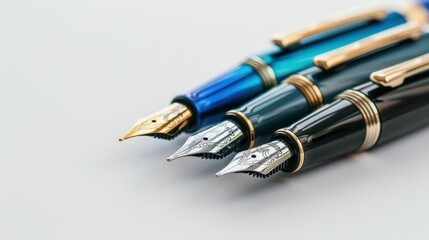 Naklejka premium Three elegant fountain pens with shiny nibs, showcasing their craftsmanship and design, arranged side by side on a neutral background.