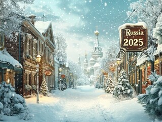 Charming Snowy European Village Street Scene - Christmas Celebration in Russia 2025
