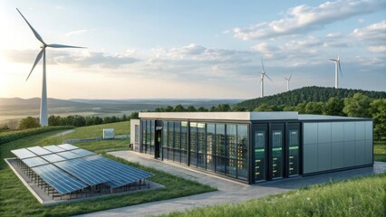 Obraz premium Modern renewable energy facility with solar and wind power