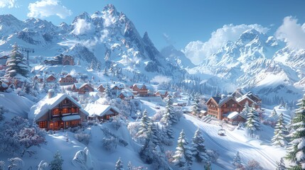 Snowy mountain village with chalets, trees, and clear sky.