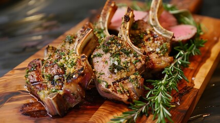 Herb crusted lamb chops on a wooden board