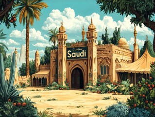 Vibrant Cartoon-Style Middle Eastern Village Scene - Saudi Architecture & Desert Landscape