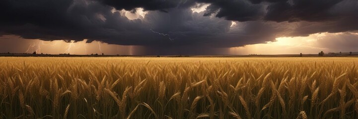 Naklejka premium Dark clouds gathering above a field of golden wheat as lightning illuminates the sky at dusk, dark clouds, thunderstorm
