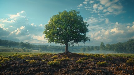 Solitary tree on a misty field at sunrise.