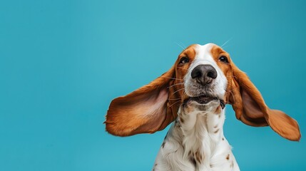 Hound with ears flapping in the wind on blue background