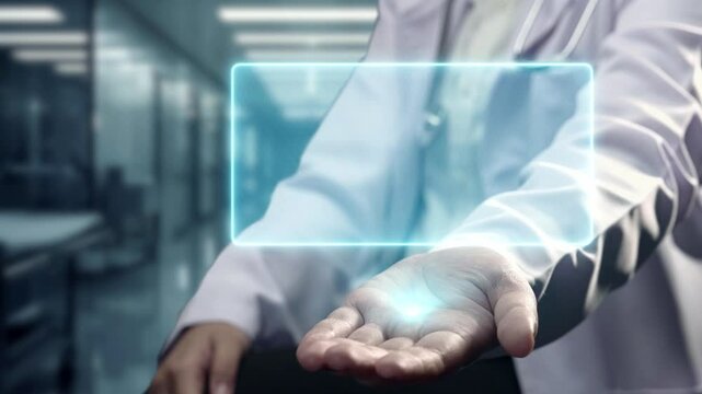Close up of smart doctor sitting and showing human anatomy hologram floating on hand. Medical worker holding HUD dashboard whole body and examine symptom by using medical data analysis. Remedial.