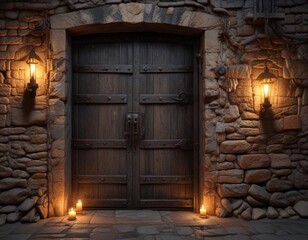 Dark wooden door with heavy iron hinges and a large rusty lock blends seamlessly into the ancient stone wall illuminated by warm flickering candles, mysterious world, eerie ambiance