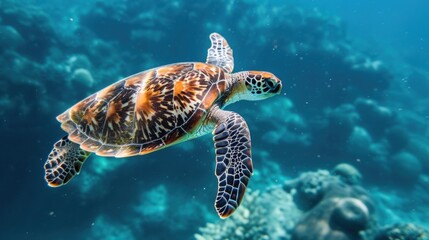 Obraz premium A sea turtle swimming near a shipping lane at risk of being struck by a large vessel and suffering serious injuries or death.