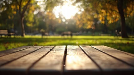 Tranquil Urban Park Scene with Empty Wooden Table Amidst Trees