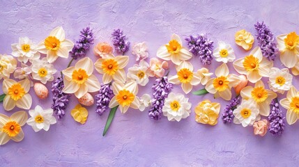 A vibrant arrangement of flowers and decorative eggs on a pastel background, celebrating spring.
