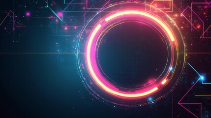Futuristic neon glowing circular interface on a dark abstract background, symbolizing technology, innovation, and digital progress