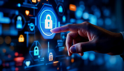 A person's hand touching a digital security interface with various icons representing security, network, and technology concepts