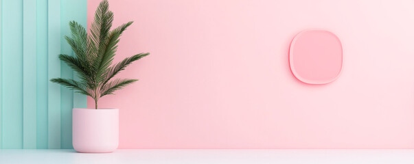 A stylish plant in a pastel room with a pink wall and modern decor elements.