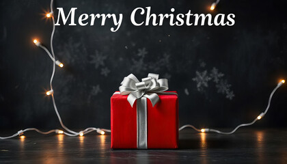 Merry Christmas & Happy New Year Promotion Poster with a single red gift box adorned with a silver bow LED string lights illuminating the scene