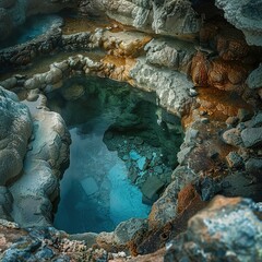 Aerial view of a serene turquoise hot spring nestled in a rocky terrain.