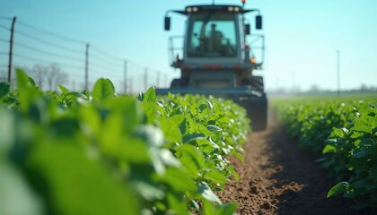 Tractor in the Field:  A close-up view of a powerful tractor working the soil in a vast field of vibrant green crops. The sunlight glints off the machinery, creating a sense of industry and progress.