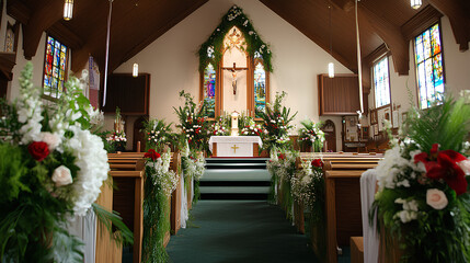 A breathtaking view of a church aisle decorated for a wedding, showcasing intricate floral arrangements, stained glass windows, and religious iconography.