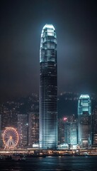Stunning Cityscape of Hong Kong Skyline at Night with Illuminated Skyscrapers and Ferris Wheel
