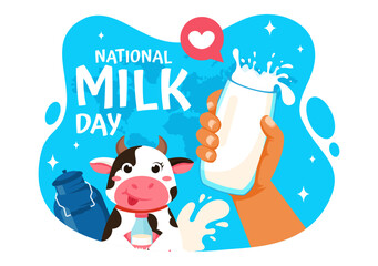 Vector Illustration of National Milk Day Celebration on January 11th, featuring a Milk Bottle and Cute Cow in a Flat Style Cartoon Background