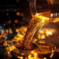 Golden Liquid Pouring from a Glass Container