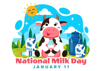 Vector Illustration of National Milk Day Celebration on January 11th, featuring a Milk Bottle and Cute Cow in a Flat Style Cartoon Background