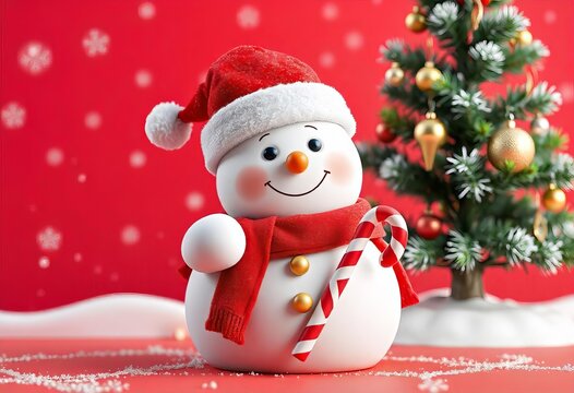Cheerful holiday of a snowman holding a festive candy cane next to a Christmas tree on red background