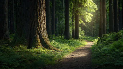 Obraz premium A serene forest path illuminated by soft sunlight through lush trees.