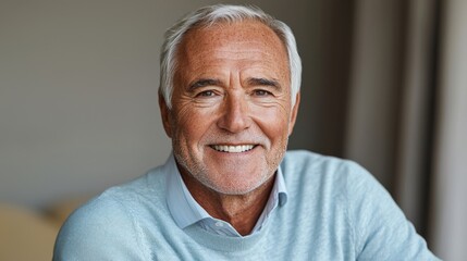 Obraz premium A smiling older man with gray hair, wearing a light blue sweater, exudes warmth and approachability in a softly lit indoor setting.